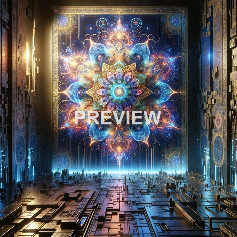 An intricate, luminous, and symmetrical digital artwork resembling a glowing mandala or sacred geometric pattern, set against a high-tech, metallic room with detailed panels and a glowing floor.
